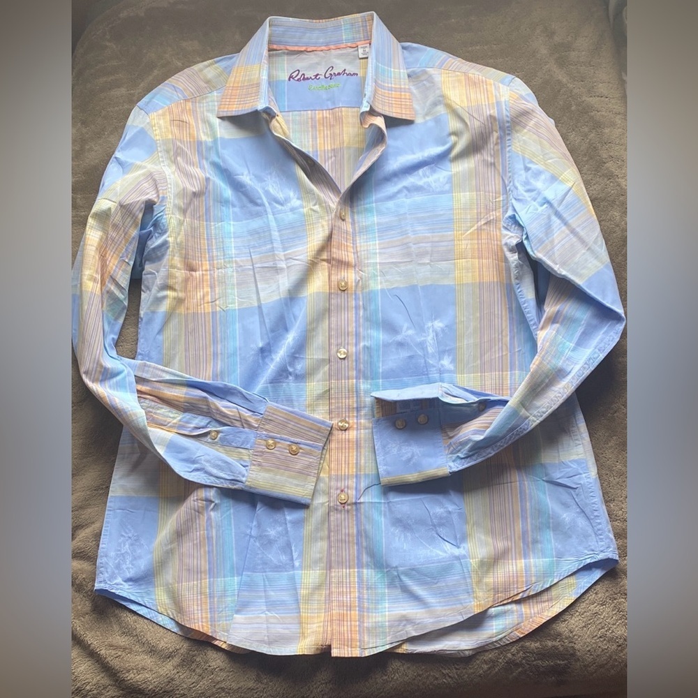 Robert Graham Pastel Blue and Yellow Plaid Dress Shirt